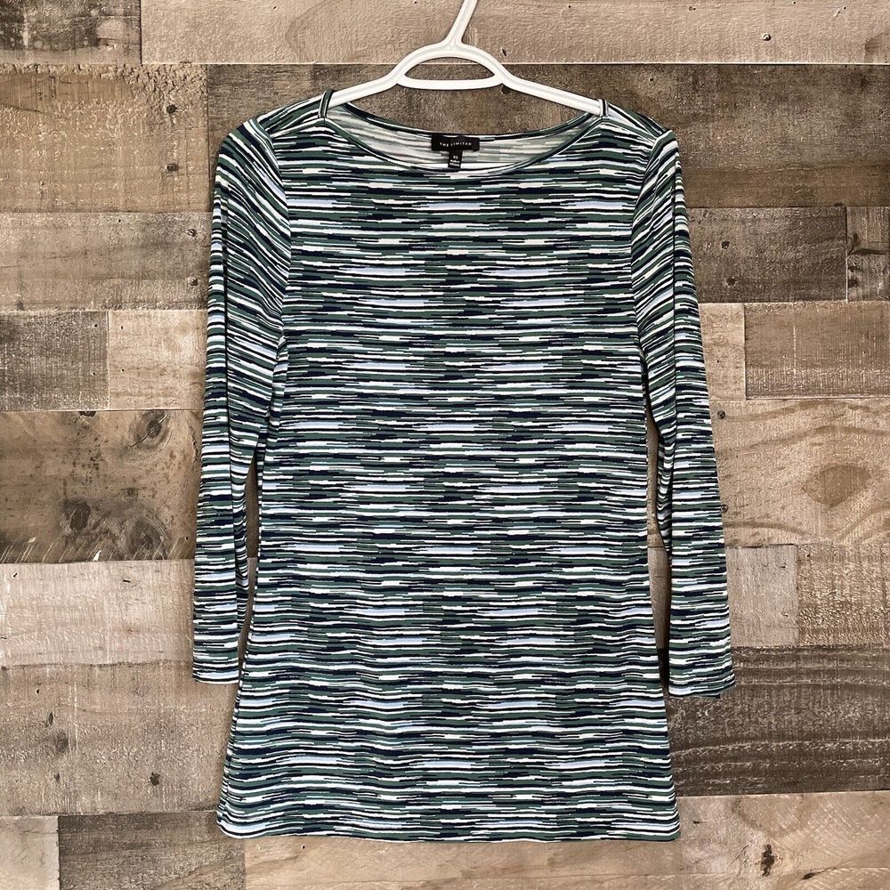 The‎ Limited Womens Top Size XS Green & Navy Striped Long Sleeve Stretchy Work